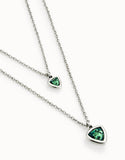 Multi-layer pendant link chain necklace with green crystal, silver