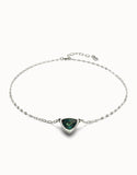 Pendant chain link necklace with green crystal, silver