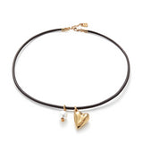 Leather necklace with pearl & heart charms (gold or silver)