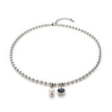 Beaded necklace with dangling blue crystal and pearl (silver or gold)