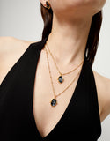 Multi strand necklace with two black oval faceted crystals, gold