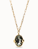 Long necklace with gray oval faceted crystal, gold