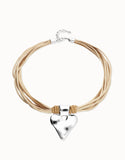 Camel leather and silk thread necklace with heart detail, silver