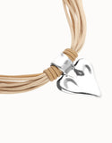 Camel leather and silk thread necklace with heart detail, silver