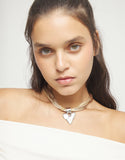 Camel leather and silk thread necklace with heart detail, silver