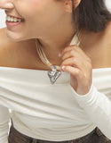 Camel leather and silk thread necklace with heart detail, silver