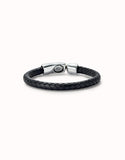 Black leather braided tube-shaped bracelet with silver clasp (silver)