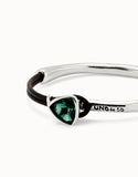 Bangle bracelet with leather and green crystal (silver)