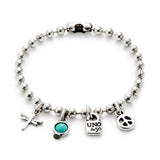 Beaded bracelet with 4 charms (silver/ turquoise)