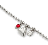 Bracelet with dangling heart and red stone (silver or gold)