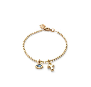 Bracelet with dangling cross & blue charm (silver or gold)