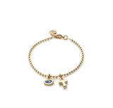 Bracelet with dangling cross & blue charm (silver or gold)