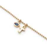 Bracelet with dangling cross & blue charm (silver or gold)