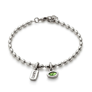 Bracelet with 'suerte' and oval green crystal charm (gold or silver)