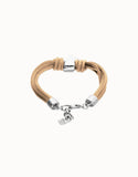Bracelet in silk thread and camel leather with heart, silver