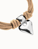Bracelet in silk thread and camel leather with heart, silver