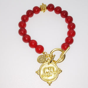 Gold Elephant on Bracelet, Red Coral (2023eg)