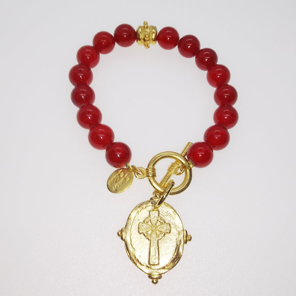 Cross Stone Toggle Bracelet, Red Coral (2909cg)