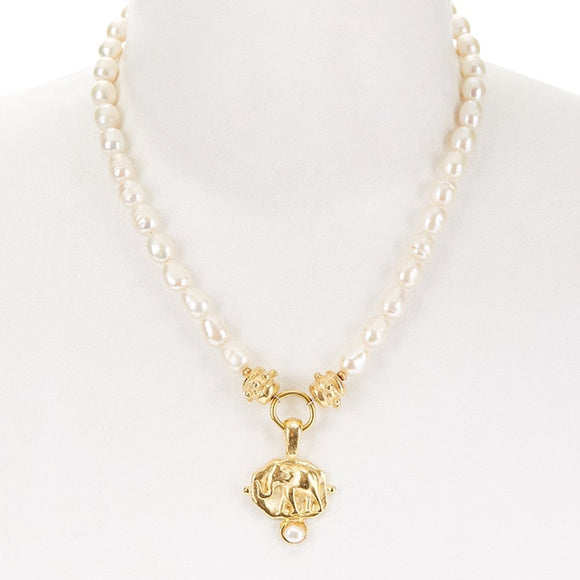 Gold Elephant Pearl Necklace (3221eg)