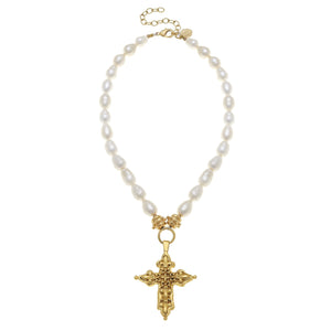 FLEUR CROSS AND PEARL NECKLACE (3334c)