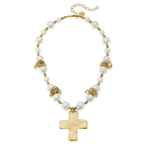 Gold Cross White Pearl Necklace (3107wg)