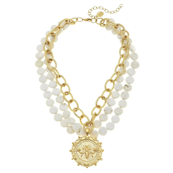 Queen Bee Multi-Strand White Turquoise Necklace, gold