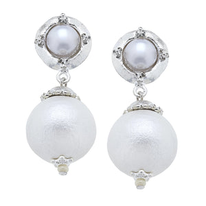Silver Cab with Cotton Pearl Drop Earrings