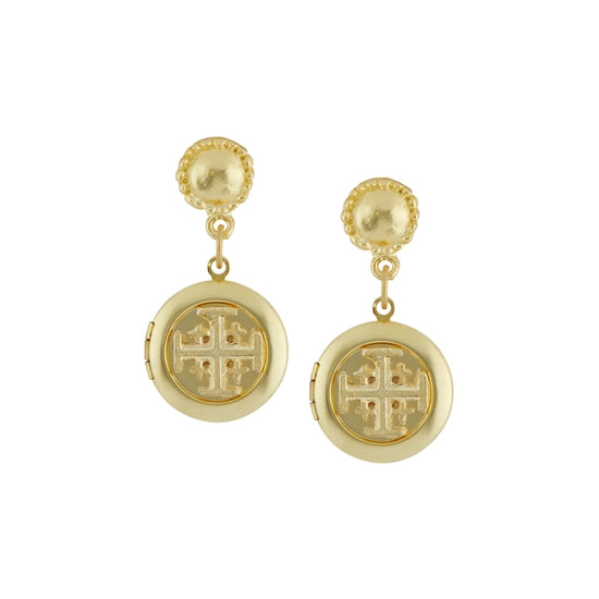 Jerusalem Cross Locket Earrings, gold